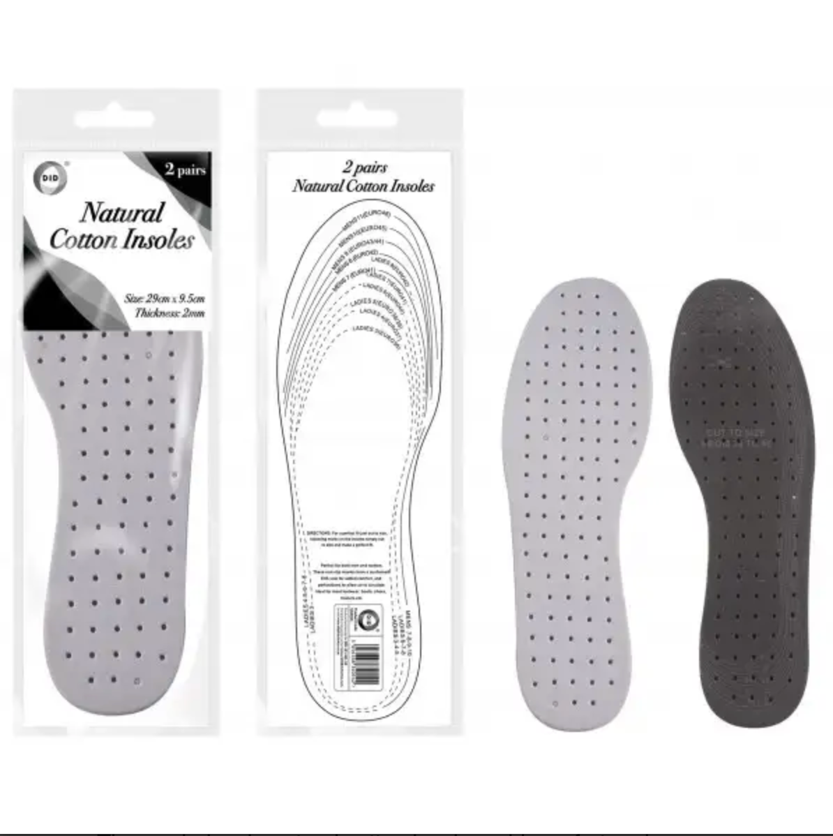 Natural Cotton Insoles 2 Pairs - UK Size 3-11 - Unisex - Shoe Insoles