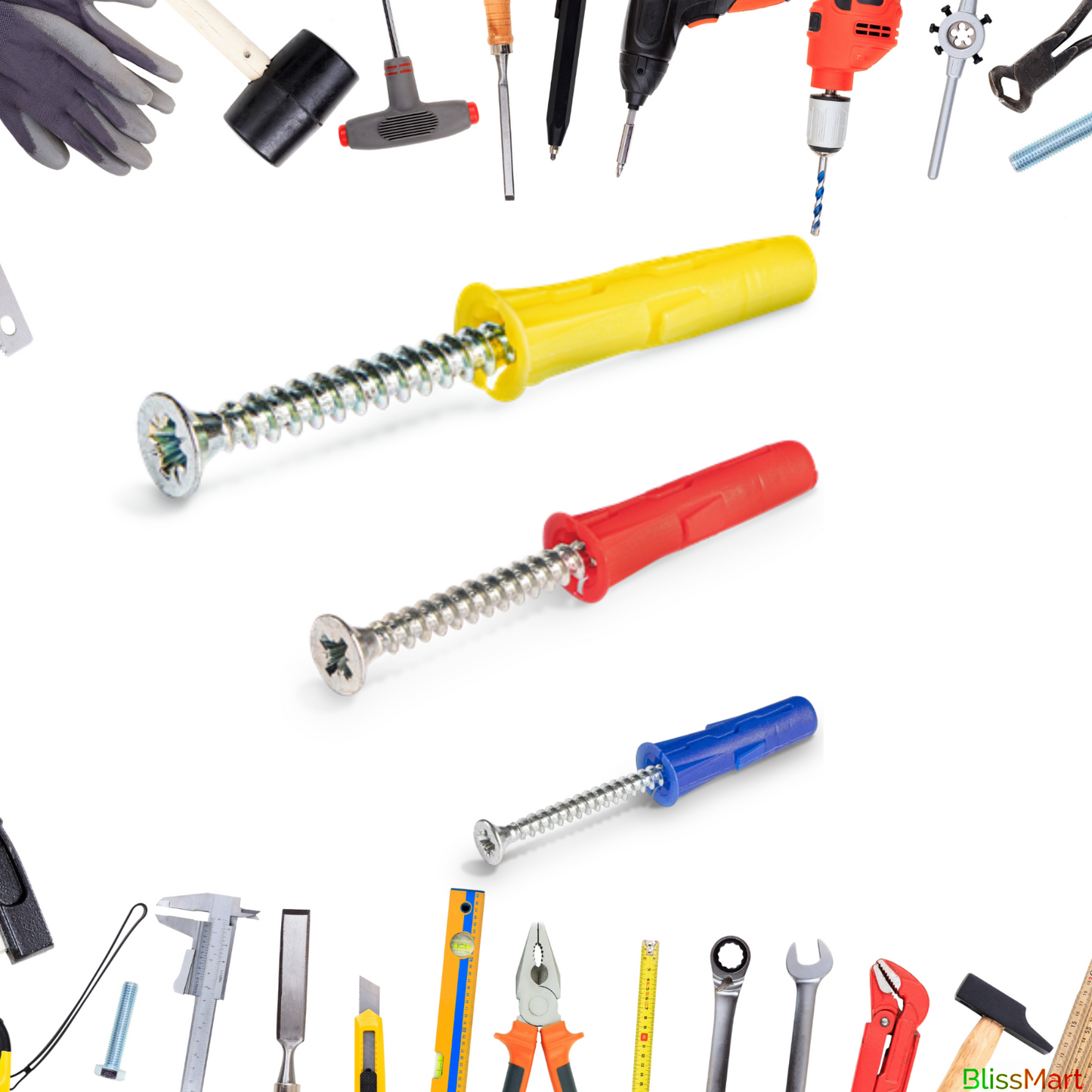 Wall Plugs. Assorted Raw Rawl Plugs with Screws. 60pc Rawlplugs and Screws set