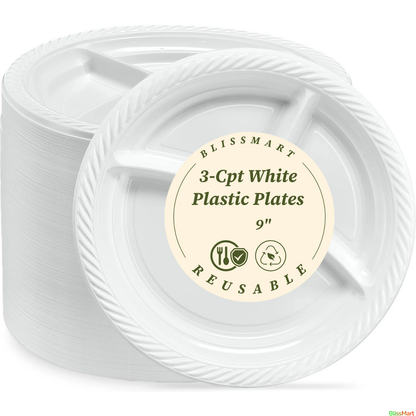 Disposable White Plastic Plate 3 Compartment Heavy Duty Reusable 9 10.25" Plates
