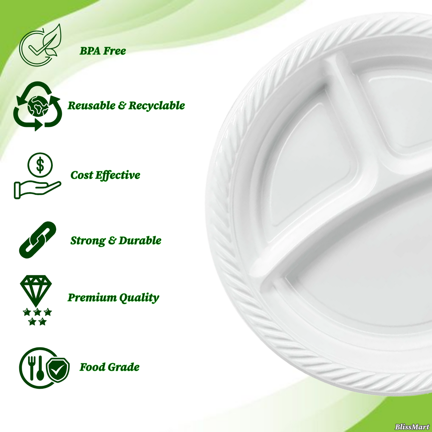 Disposable White Plastic Plate 3 Compartment Heavy Duty Reusable 9 10.25" Plates