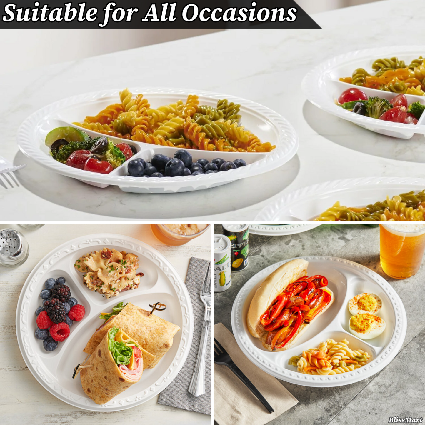 Disposable White Plastic Plate 3 Compartment Heavy Duty Reusable 9 10.25" Plates