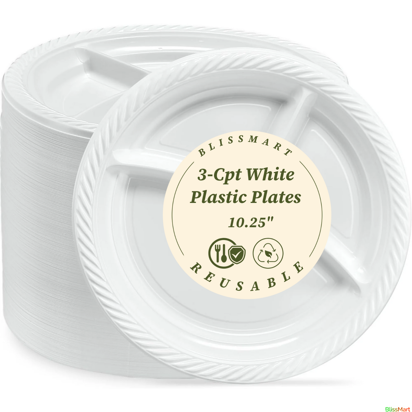 Disposable White Plastic Plate 3 Compartment Heavy Duty Reusable 9 10.25" Plates