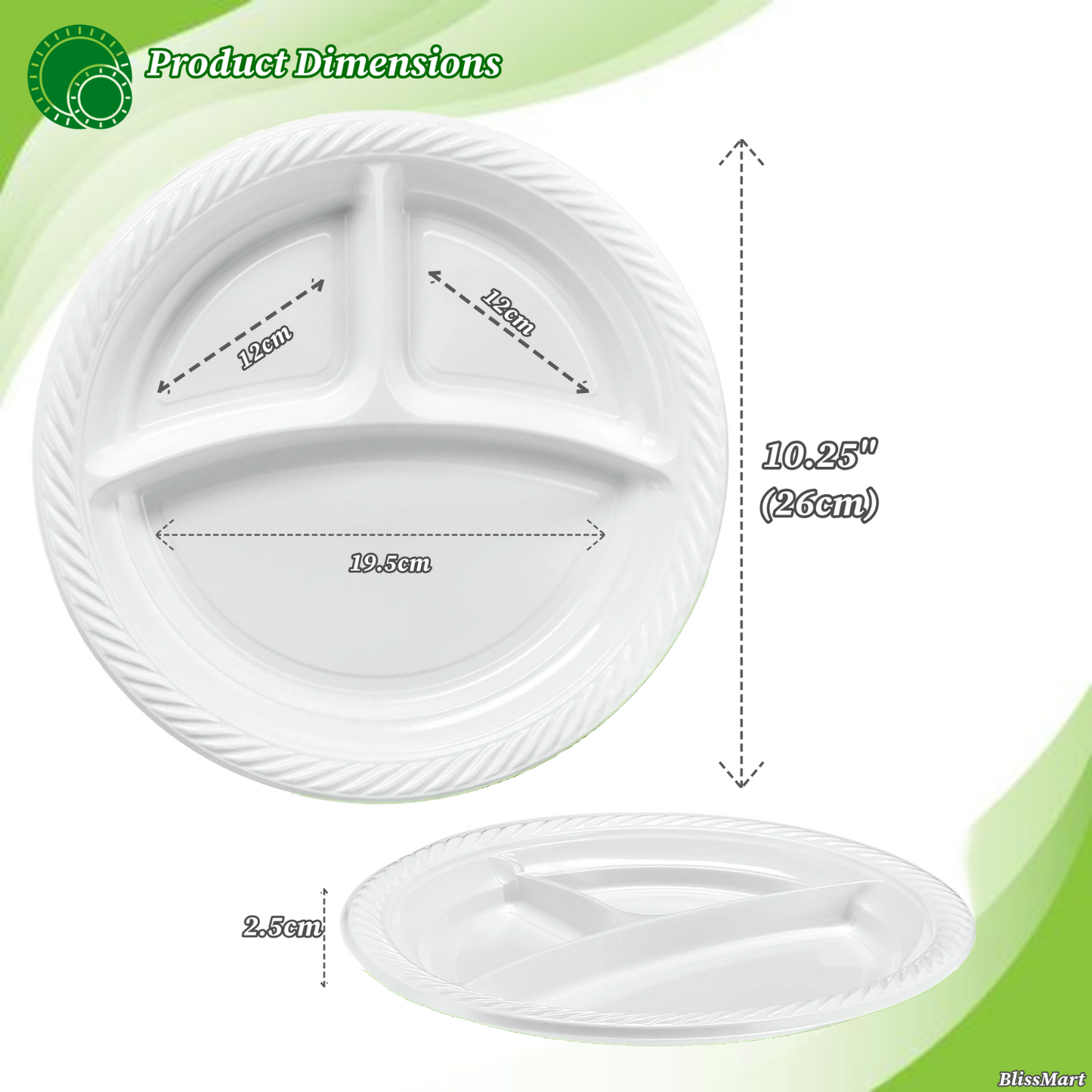 Disposable White Plastic Plate 3 Compartment Heavy Duty Reusable 9 10.25" Plates