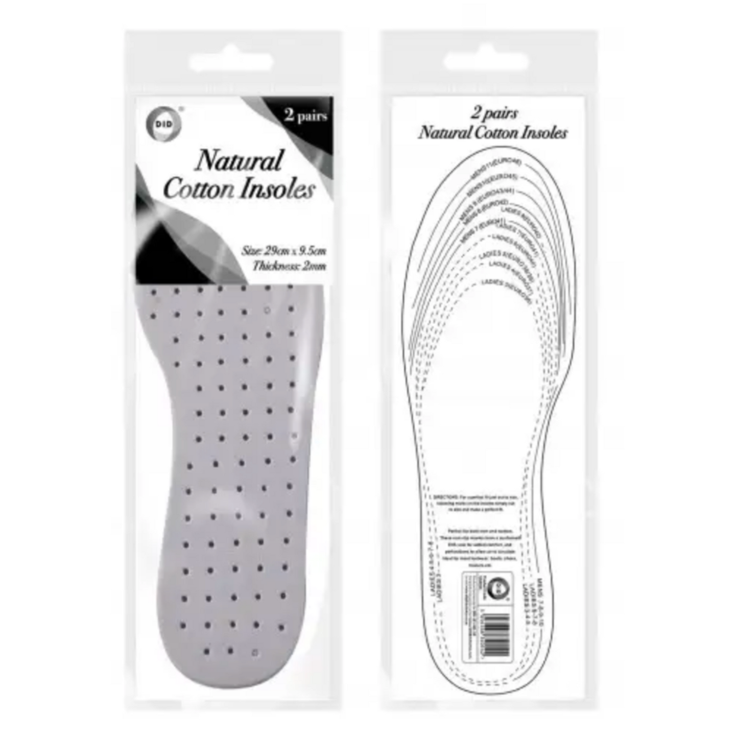 Natural Cotton Insoles 2 Pairs - UK Size 3-11 - Unisex - Shoe Insoles