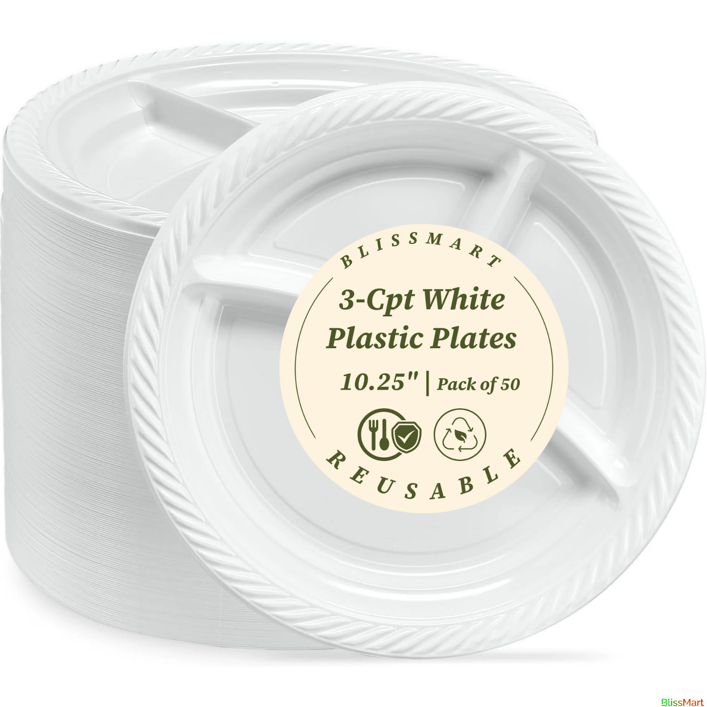 Disposable White Plastic Plate 3 Compartment Heavy Duty Reusable 9 10.25" Plates