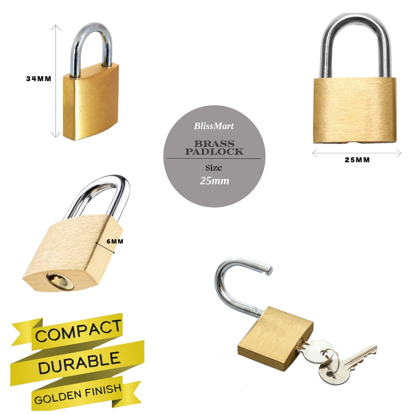 Brass Padlock Small Durable Lightweight For Suitcase Gym Locker Cabinet 20-40mm