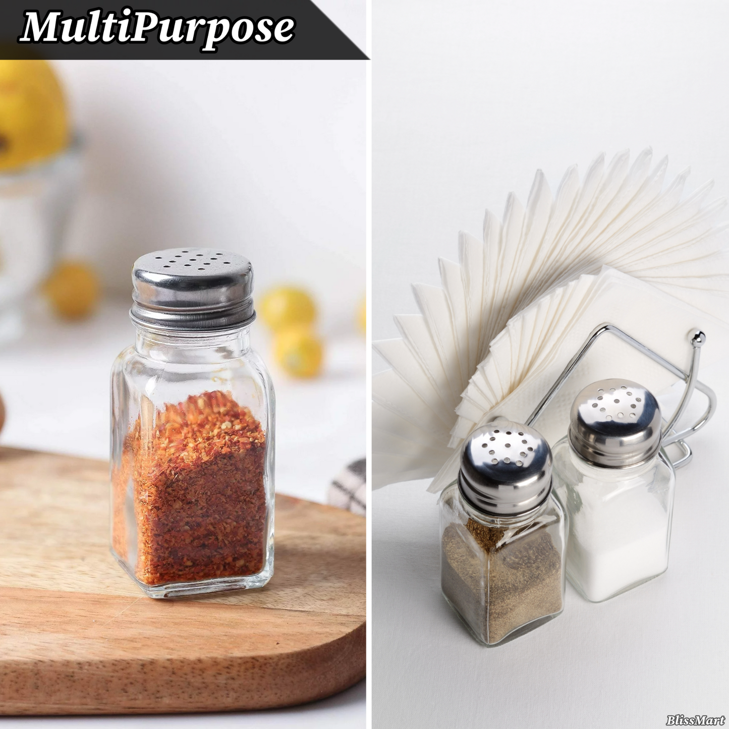 Salt and Pepper Glass Shakers Pots Set Dispenser Storage Cruet Mason Jars x2