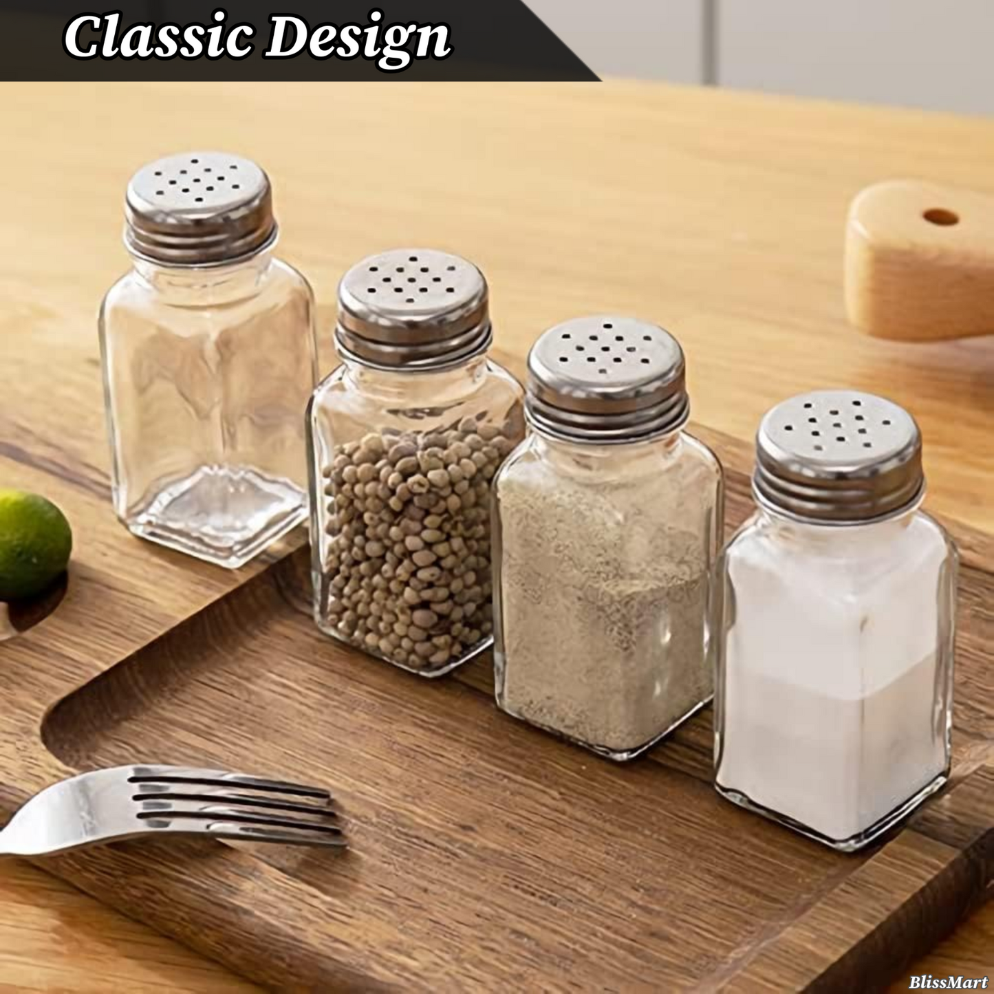 Salt and Pepper Glass Shakers Pots Set Dispenser Storage Cruet Mason Jars x2
