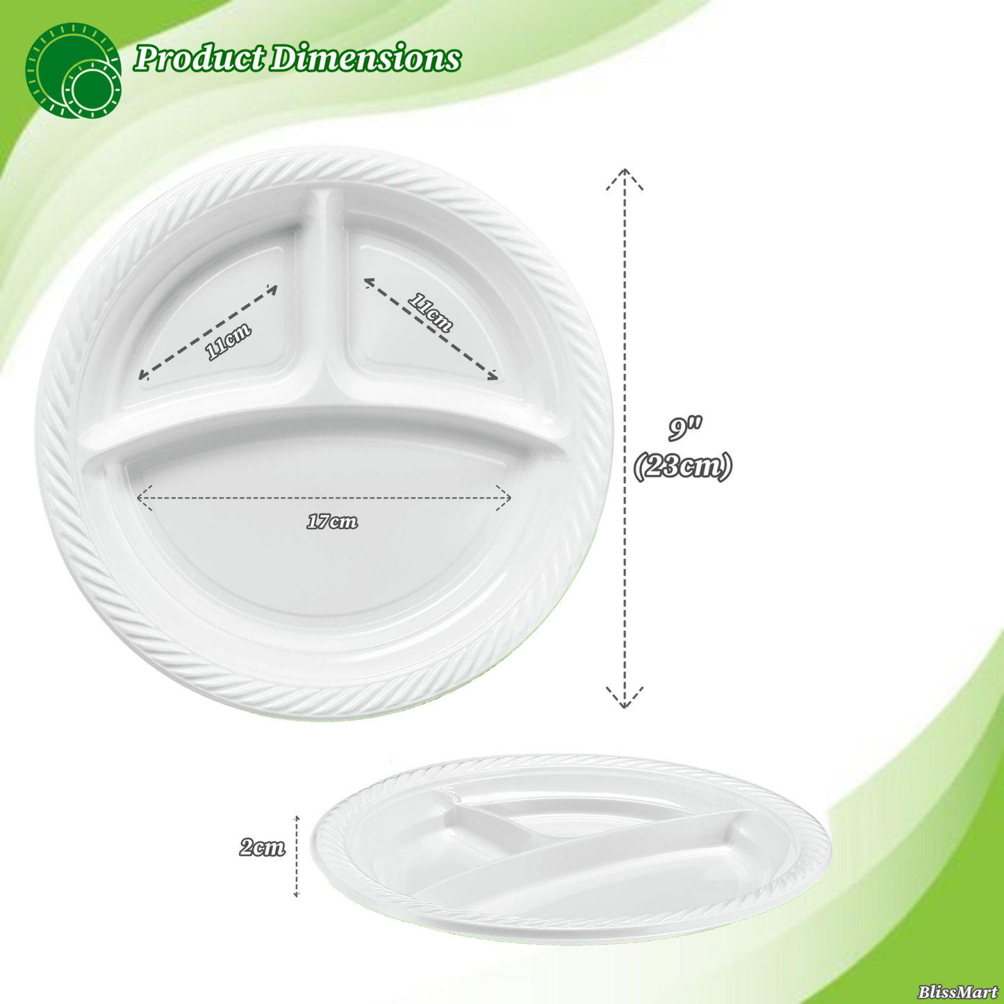 Disposable White Plastic Plate 3 Compartment Heavy Duty Reusable 9 10.25" Plates
