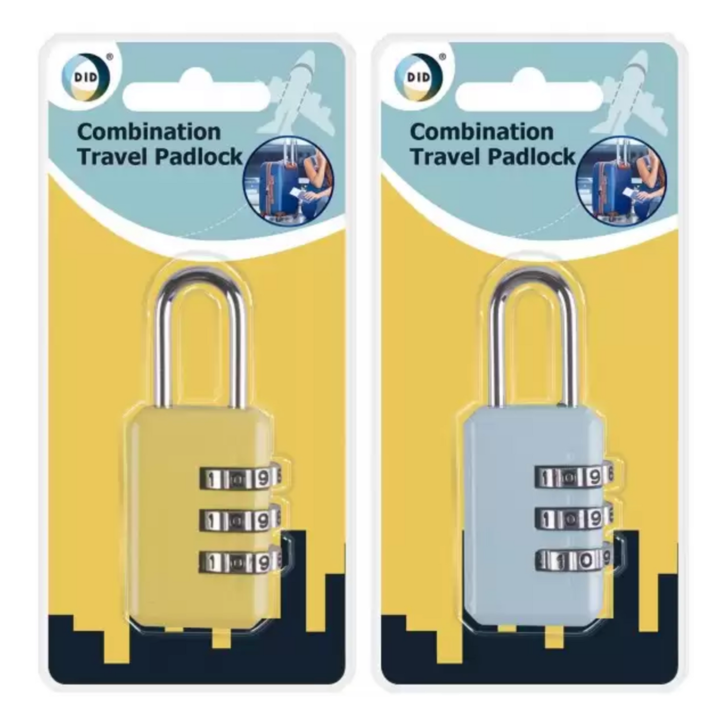 DID Combination Travel Padlock 3 Digit Security Lock for Luggage, Lockers, and Backpacks
