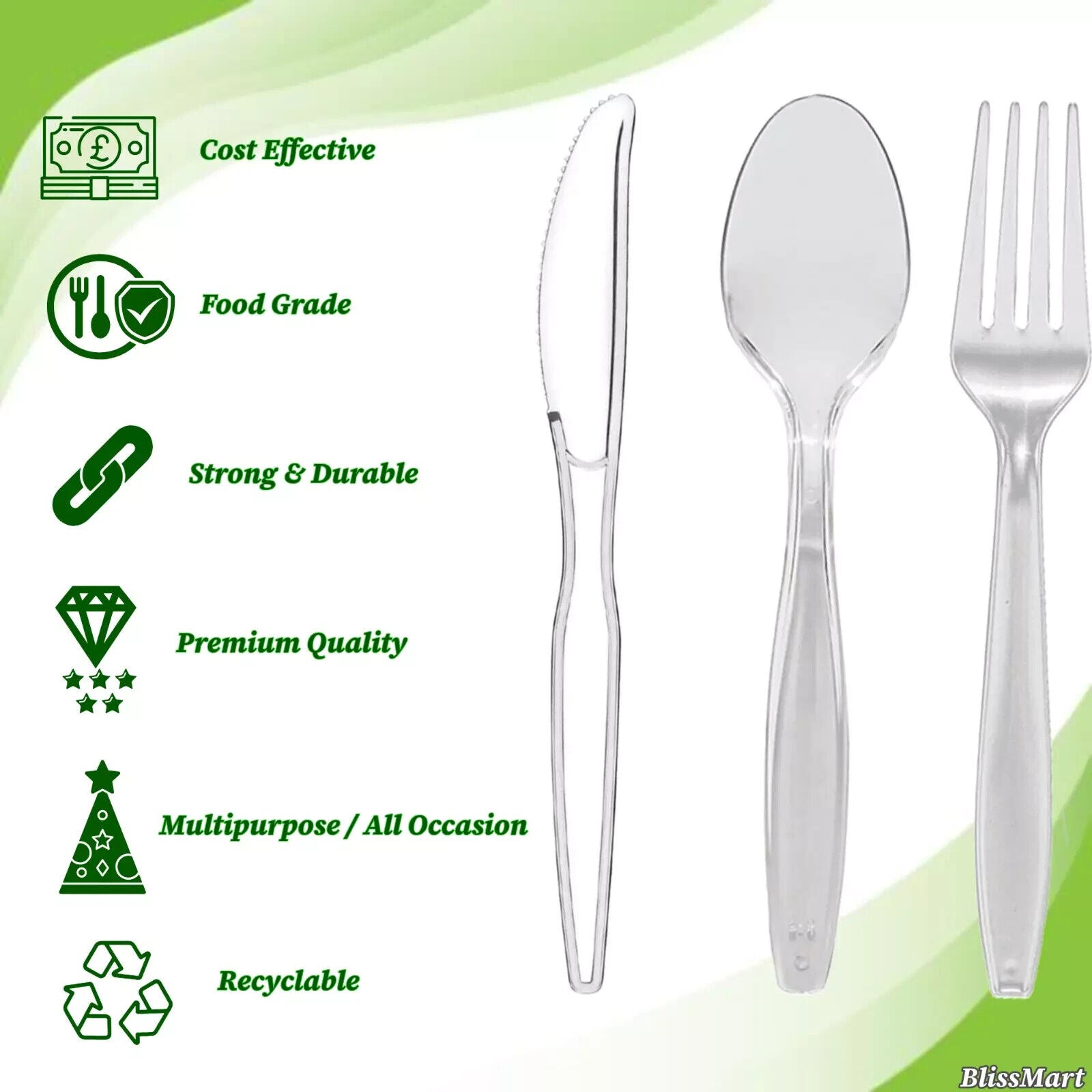 300 Set Heavy Duty Clear Disposable Plastic Cutlery Spoons Forks Knives Reusable
