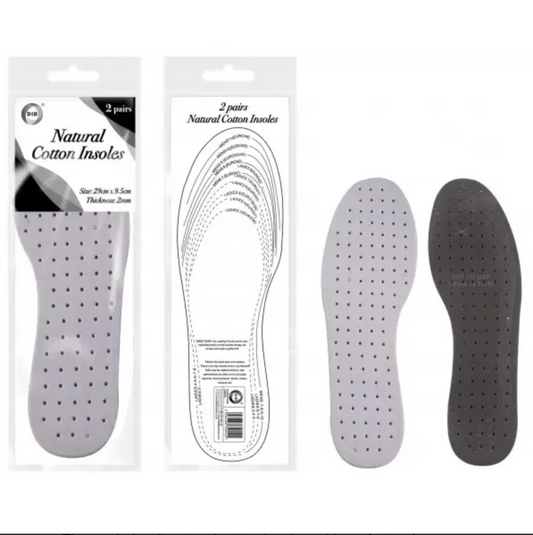 Natural Cotton Insoles 2 Pairs - UK Size 3-11 - Unisex - Shoe Insoles