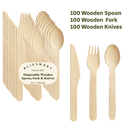Wooden Cutlery Knives Forks Spoons Disposable Biodegradable Party BBQ ECO x 300