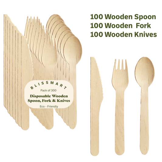 Wooden Cutlery Knives Forks Spoons Disposable Biodegradable Party BBQ ECO x 300