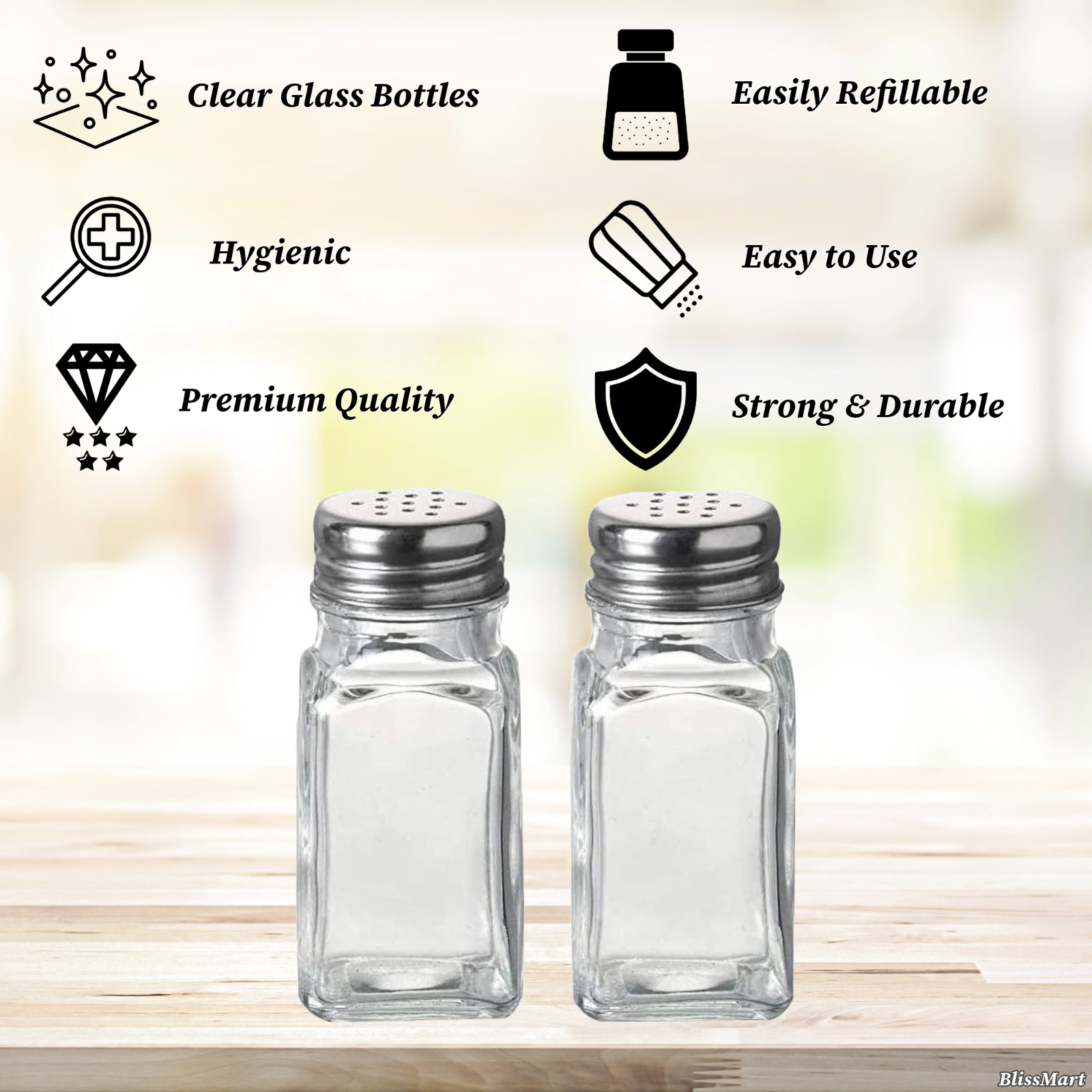 Salt and Pepper Glass Shakers Pots Set Dispenser Storage Cruet Mason Jars x2