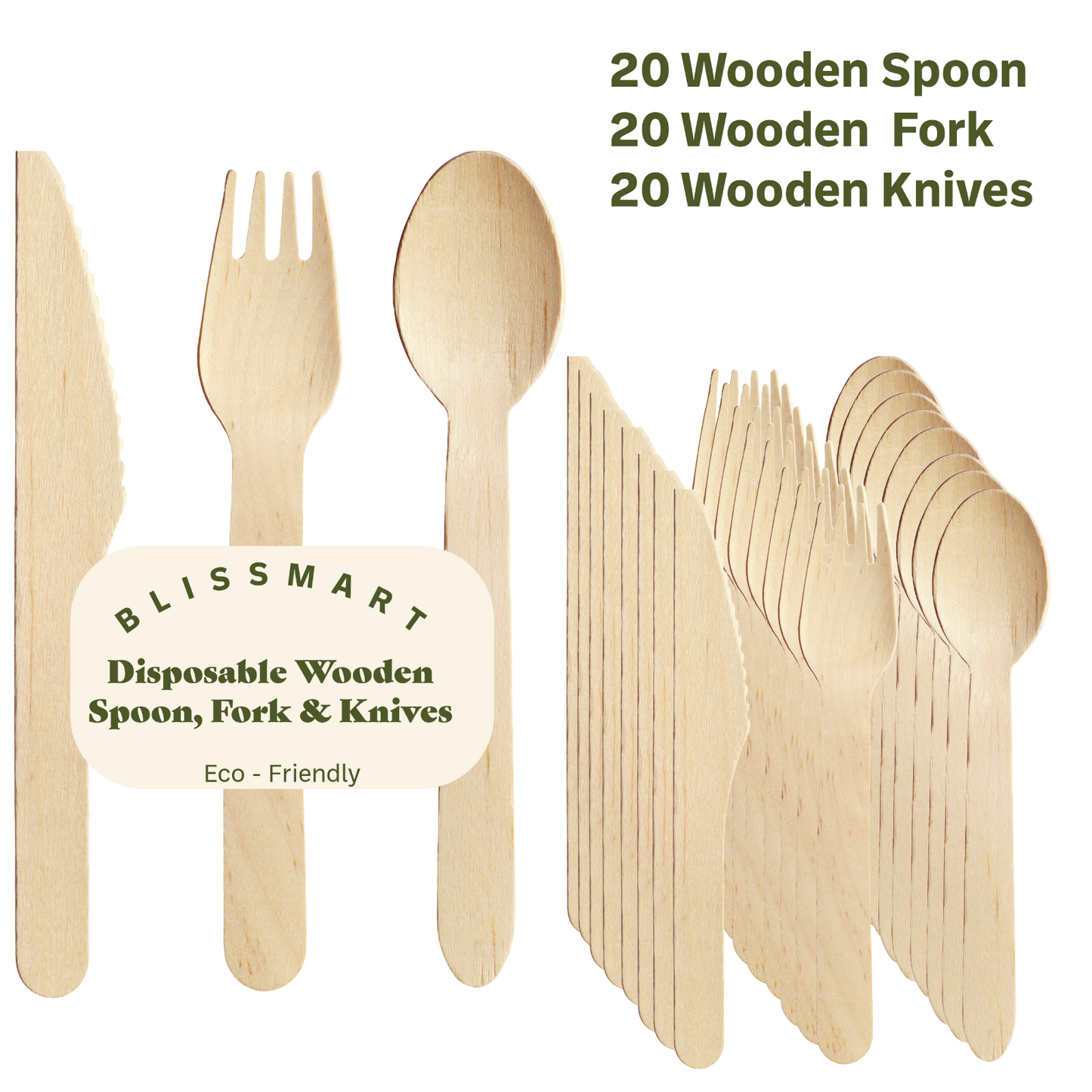 60 Pc Wooden Cutlery Set Spoons Forks Knives Biodegradable BBQ Camping Party