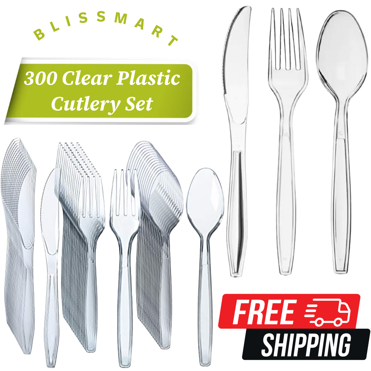 300 Set Heavy Duty Clear Disposable Plastic Cutlery Spoons Forks Knives Reusable