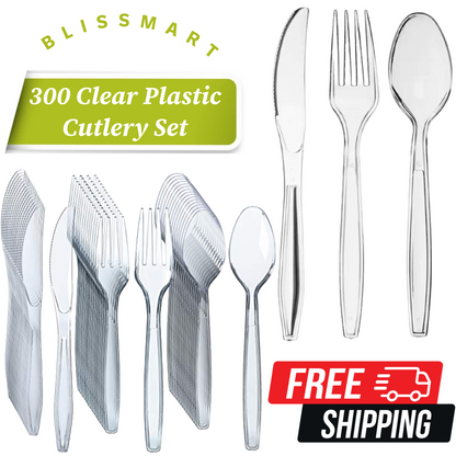300 Set Heavy Duty Clear Disposable Plastic Cutlery Spoons Forks Knives Reusable
