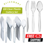 300 Set Heavy Duty Clear Disposable Plastic Cutlery Spoons Forks Knives Reusable