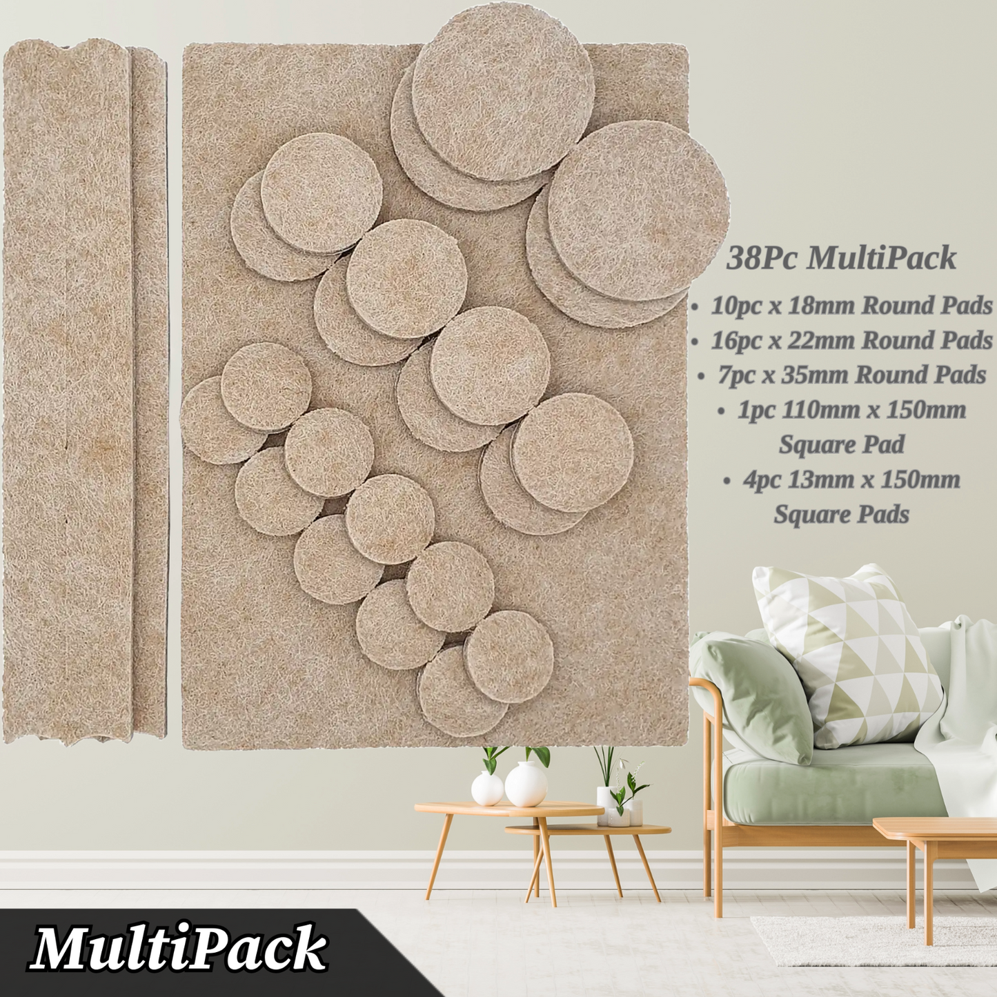 SELF ADHESIVE FELT STICKY PADS SQUARE ROUND WOOD FLOOR FURNITURE PROTECTORS 39pc