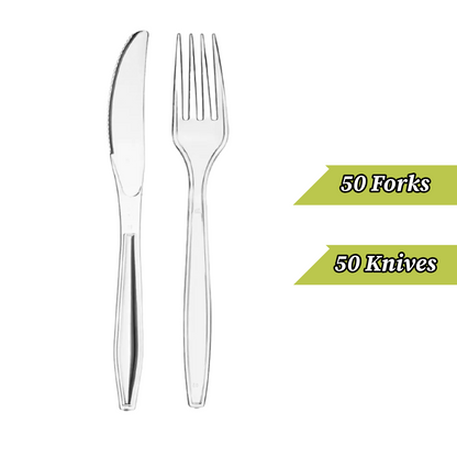 Clear Plastic Cutlery Spoons Forks Knives Reusable for Catering Parties 50 Pack