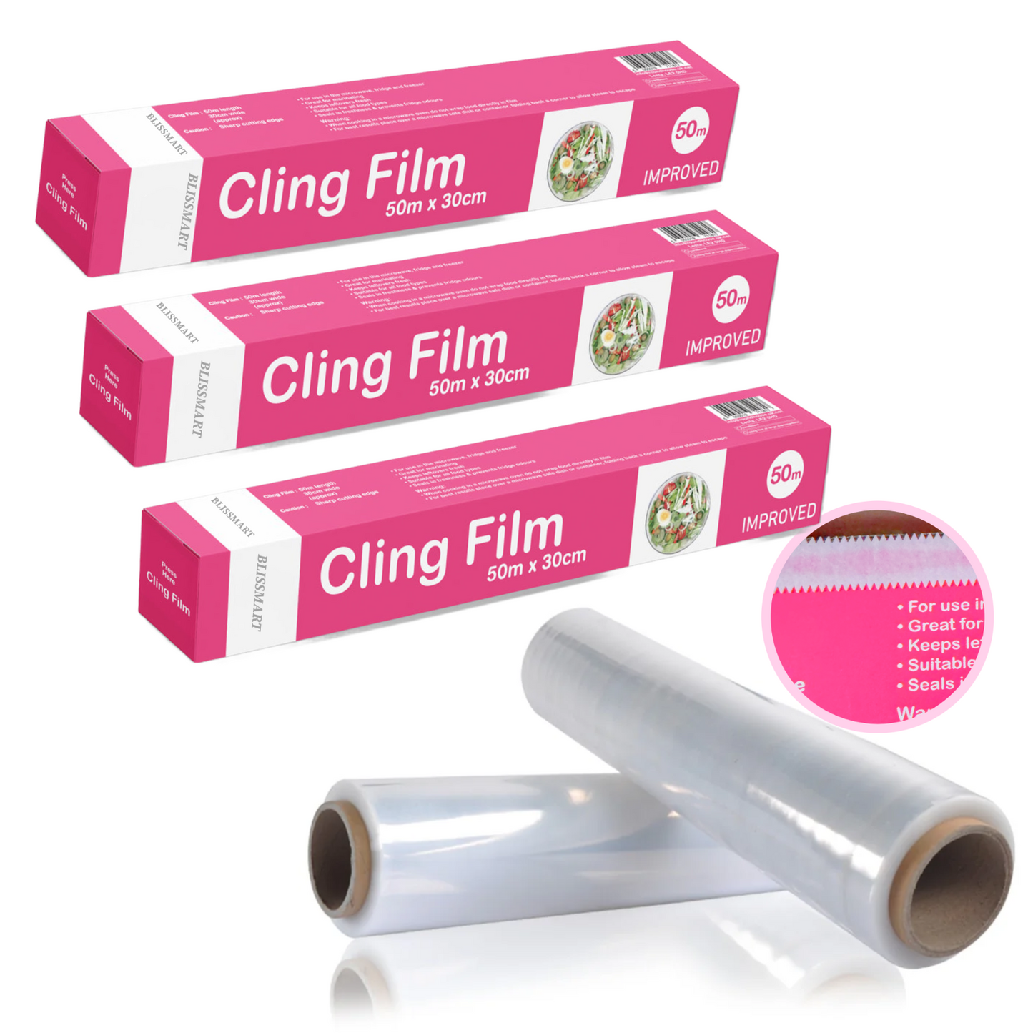 Cling Film Food Catering Clear Easy Cut Large Rolls Kitchen Wrap 50m x 30 cm x 3