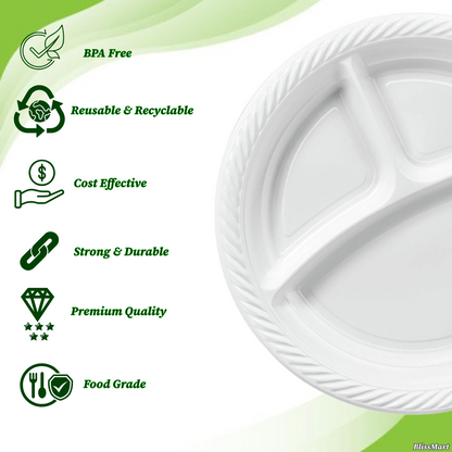 Disposable White Plastic Plate 3 Compartment Heavy Duty Reusable 9 10.25" Plates