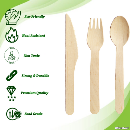 Wooden Cutlery Knives Forks Spoons Disposable Biodegradable Party BBQ ECO x 300