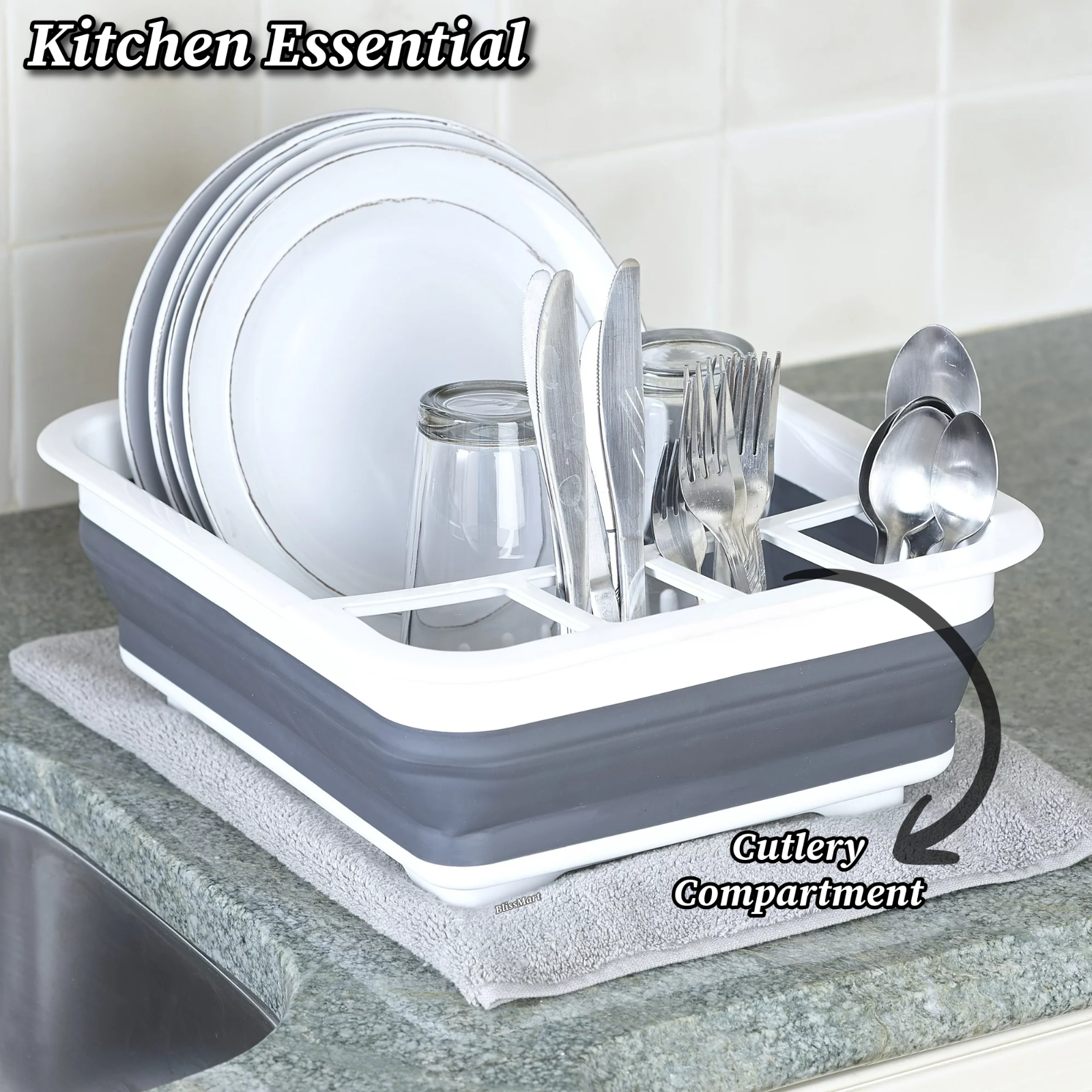 BlissMart Collapsible Dish Drainer Drying Rack Space-Saving With Cutlery Divider