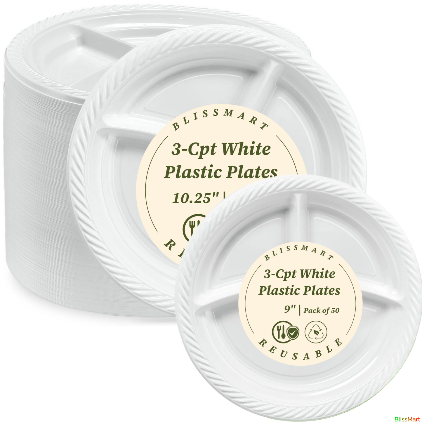 Disposable White Plastic Plate 3 Compartment Heavy Duty Reusable 9 10.25" Plates