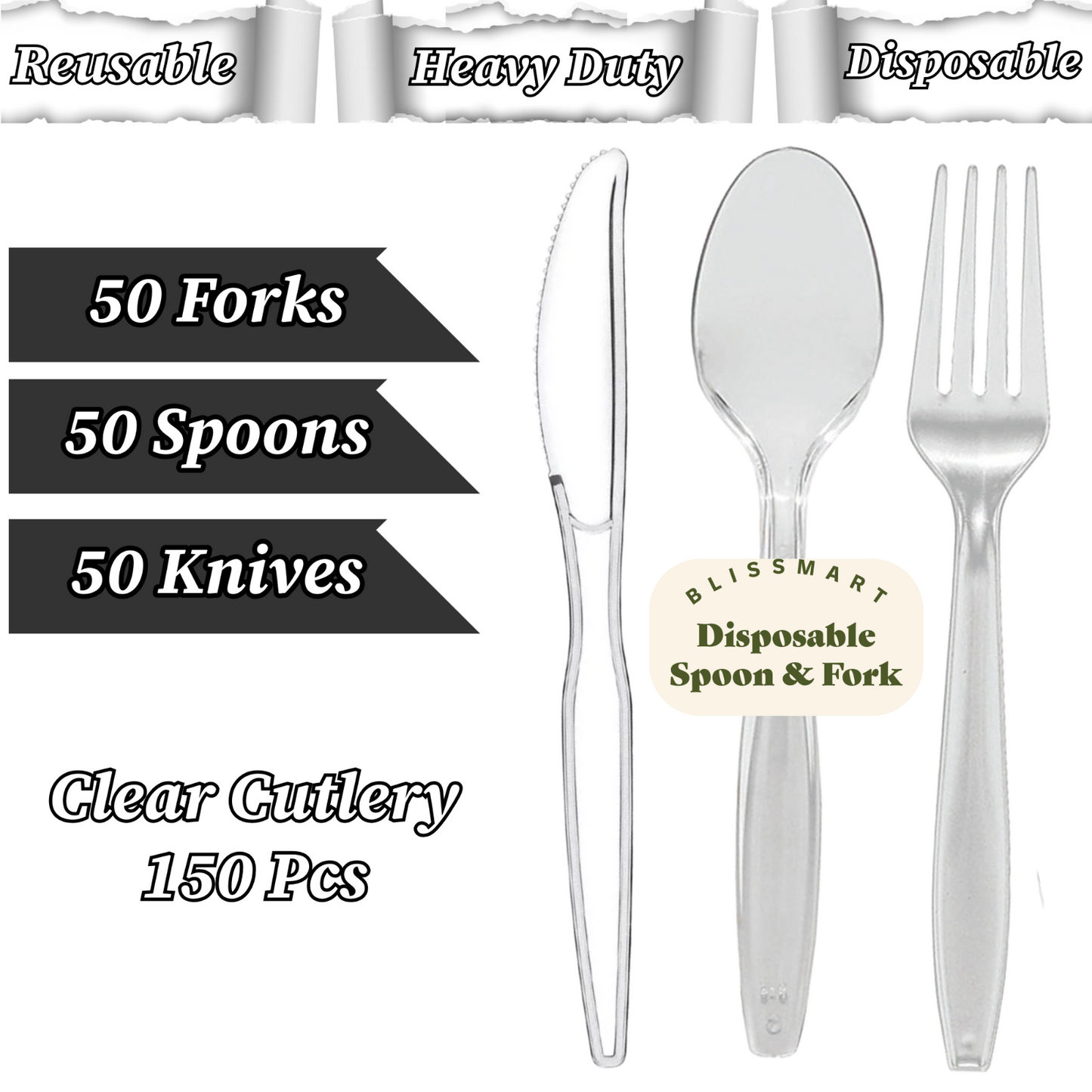 Clear Plastic Cutlery Spoons Forks Knives Reusable for Catering Parties 50 Pack