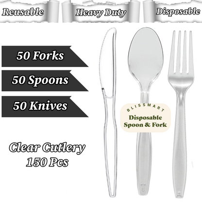 Clear Plastic Cutlery Spoons Forks Knives Reusable for Catering Parties 50 Pack