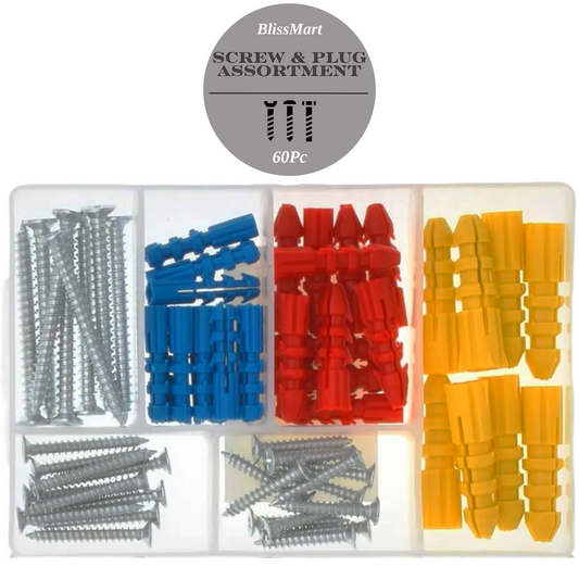 Wall Plugs. Assorted Raw Rawl Plugs with Screws. 60pc Rawlplugs and Screws set