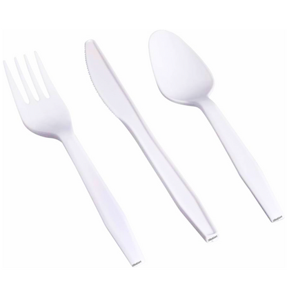 White Plastic Cutlery Set Spoons Forks Knives Cutlery Disposable Reusable 200Pc