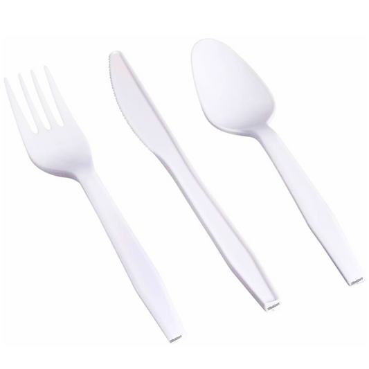 White Plastic Cutlery Set Spoons Forks Knives Cutlery Disposable Reusable 200Pc
