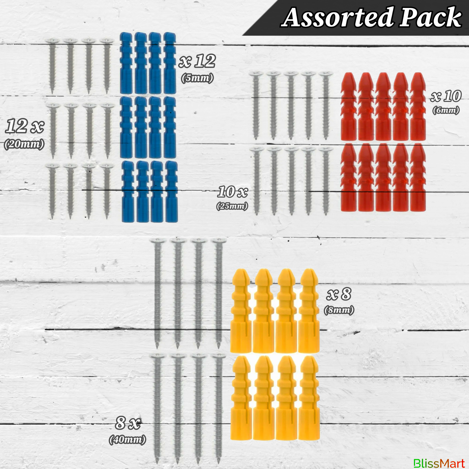 Wall Plugs. Assorted Raw Rawl Plugs with Screws. 60pc Rawlplugs and Screws set