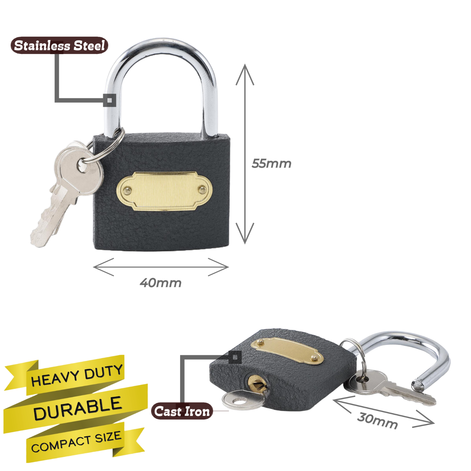 40mm Cast Iron Security Padlock Shackle Outdoor Shed Heavy Duty with 2 Keys
