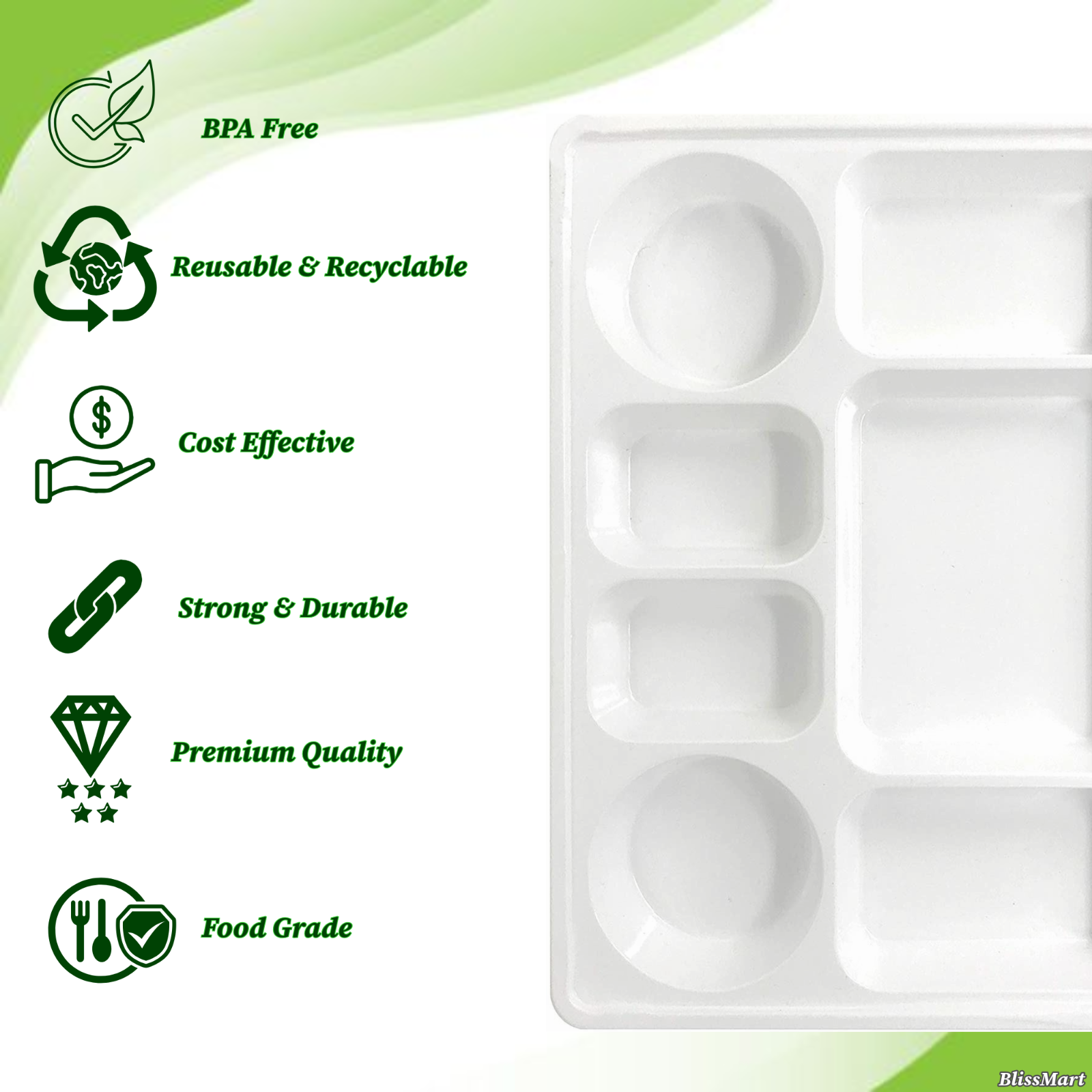 7 Compartment Plastic Plates Reusable Heavy-Duty Dinnerware Disposable Plates
