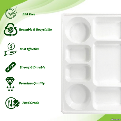7 Compartment Plastic Plates Reusable Heavy-Duty Dinnerware Disposable Plates
