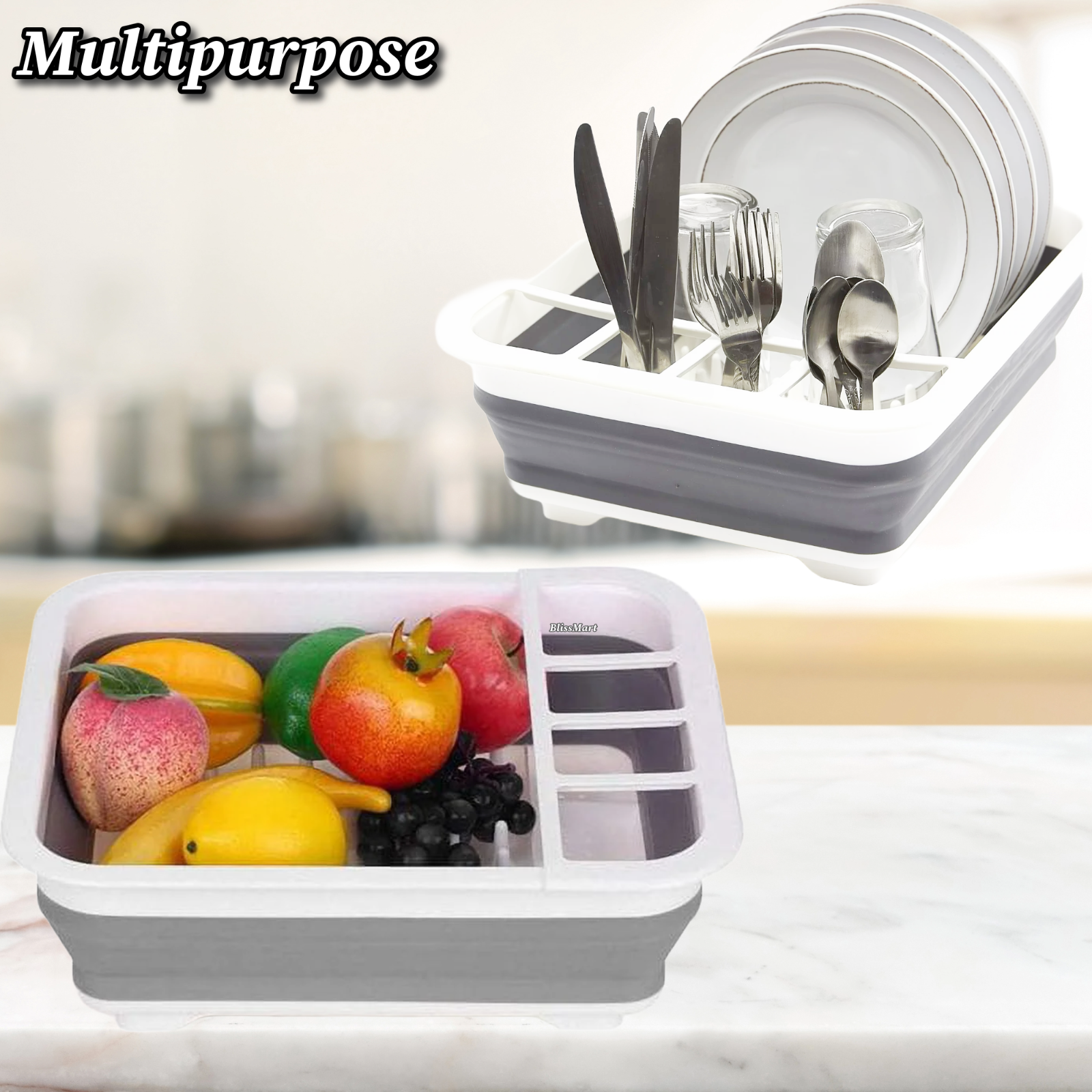 BlissMart Collapsible Dish Drainer Drying Rack Space-Saving With Cutlery Divider