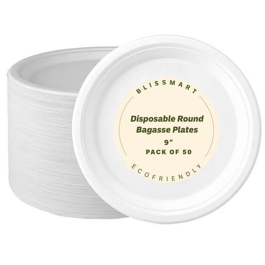 Strong Bagasse Disposable Party Paper Plates – 9 Inch, White, Biodegradable