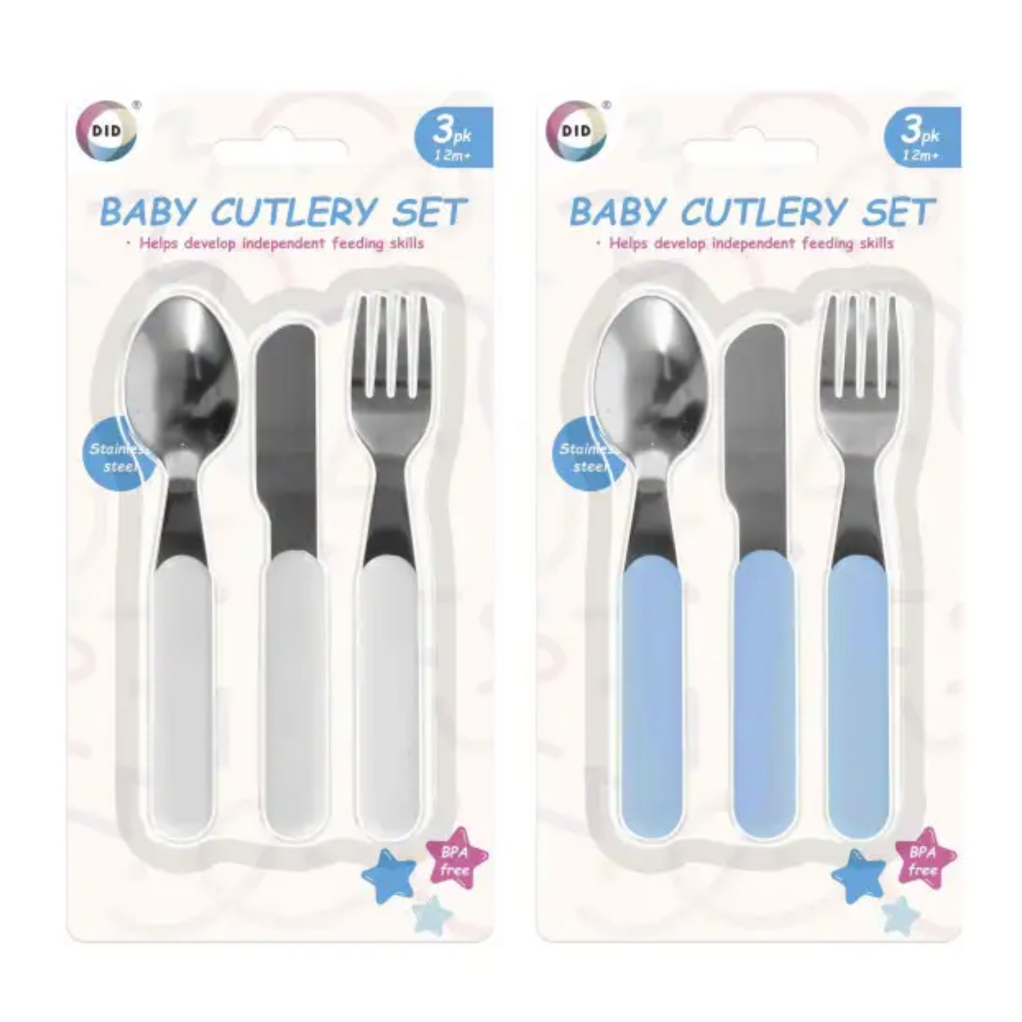 Baby Cutlery Set | Toddler Weaning Spoons & Forks (Blue & White)