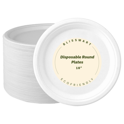 Strong Bagasse Disposable Party Paper Plates – 10 Inch, White, Biodegradable