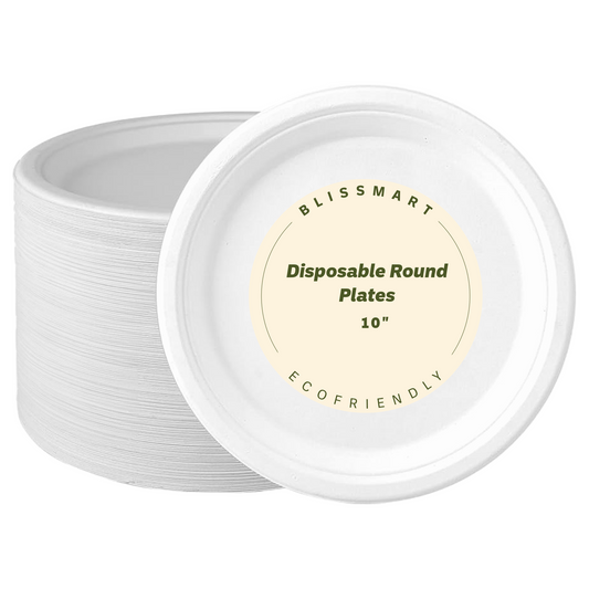 Strong Bagasse Disposable Party Paper Plates – 10 Inch, White, Biodegradable