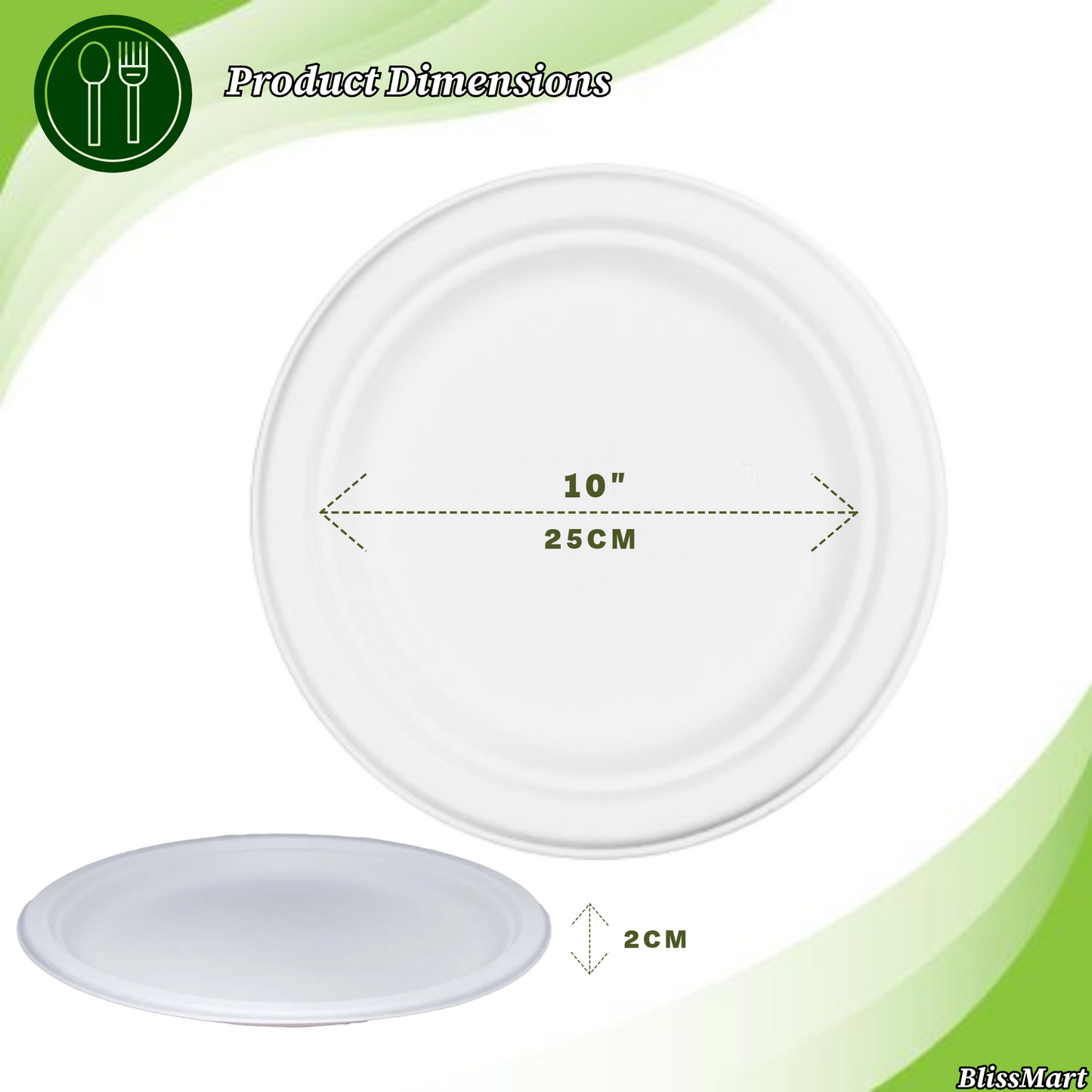 Strong Bagasse Disposable Party Paper Plates – 10 Inch, White, Biodegradable