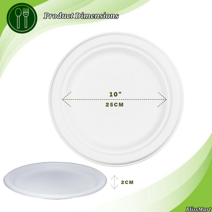 Strong Bagasse Disposable Party Paper Plates – 10 Inch, White, Biodegradable