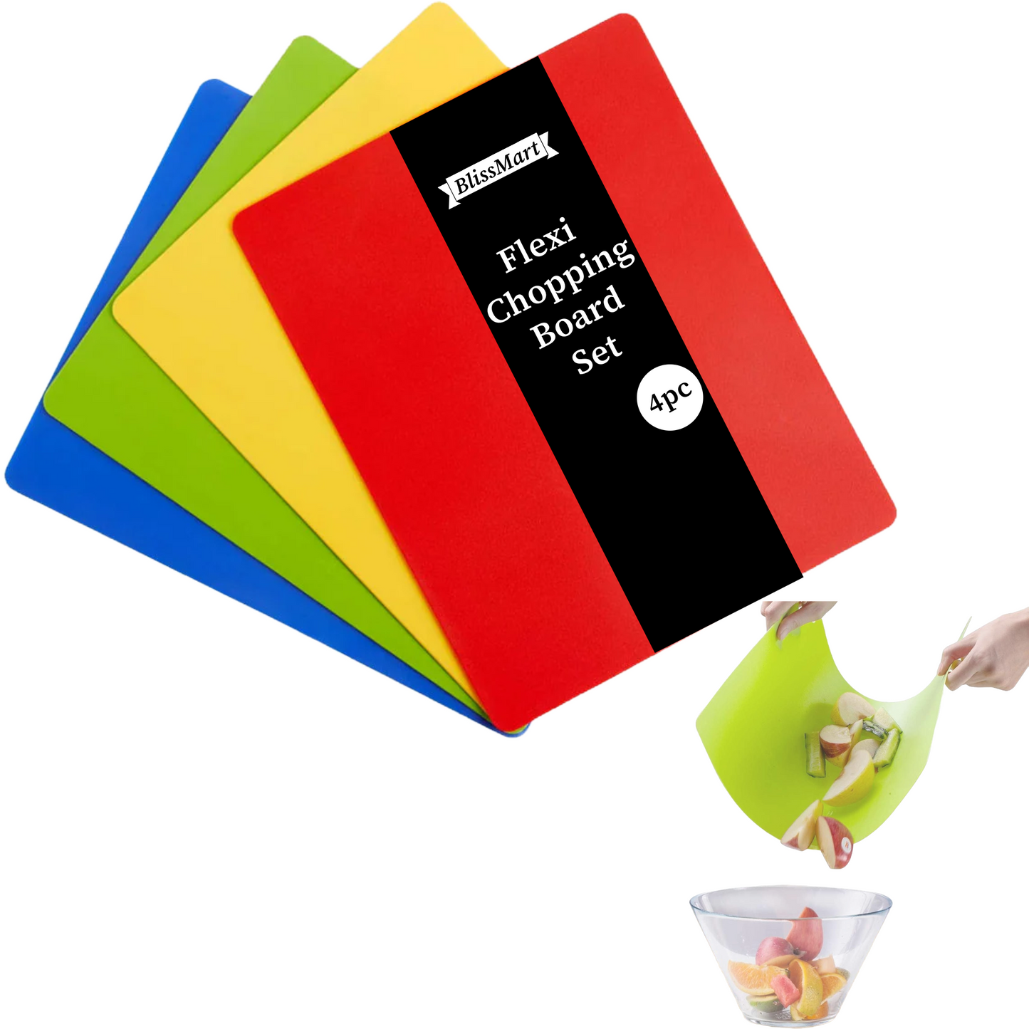 Blissmart 4pk Flexible Chopping Boards Set BPA Free Coloured Cutting Mats for Kitchen Use