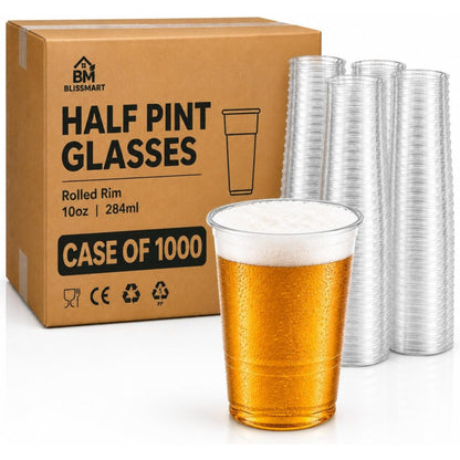 284ml Plastic Half Pint Glasses Case of 1000 UKCA Marked Clear BPA Free Strong Disposable Beer Cups Tumblers for Parties BBQs Events Catering