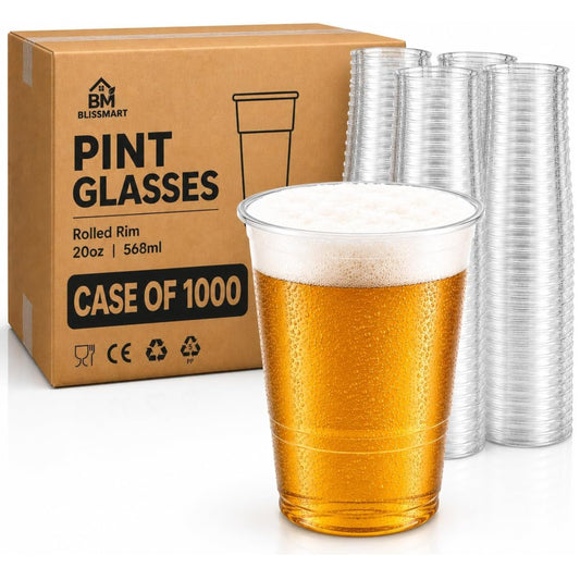 568ml Plastic Pint Glasses Case of 1000 Clear BPA Free Strong Disposable Beer Cups Tumblers for Parties BBQs Events Catering