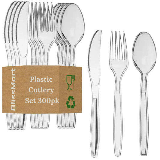 300 Set Heavy Duty Clear Disposable Plastic Cutlery Spoons Forks Knives Reusable